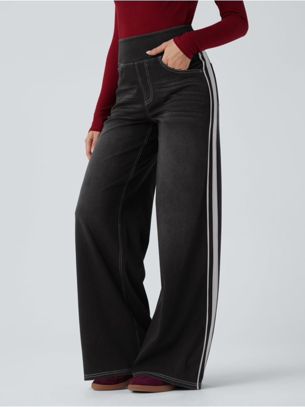 Halara Flex™ High Waisted Stripe Wide Leg Flowy Washed Casual Jeans with Pockets